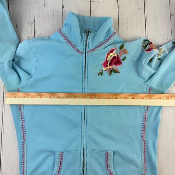 VTG Twisted Heart Blue Y2K Floral Embroidered Sequin Full Zip Jacket Size Medium - Picture 13 of 14
